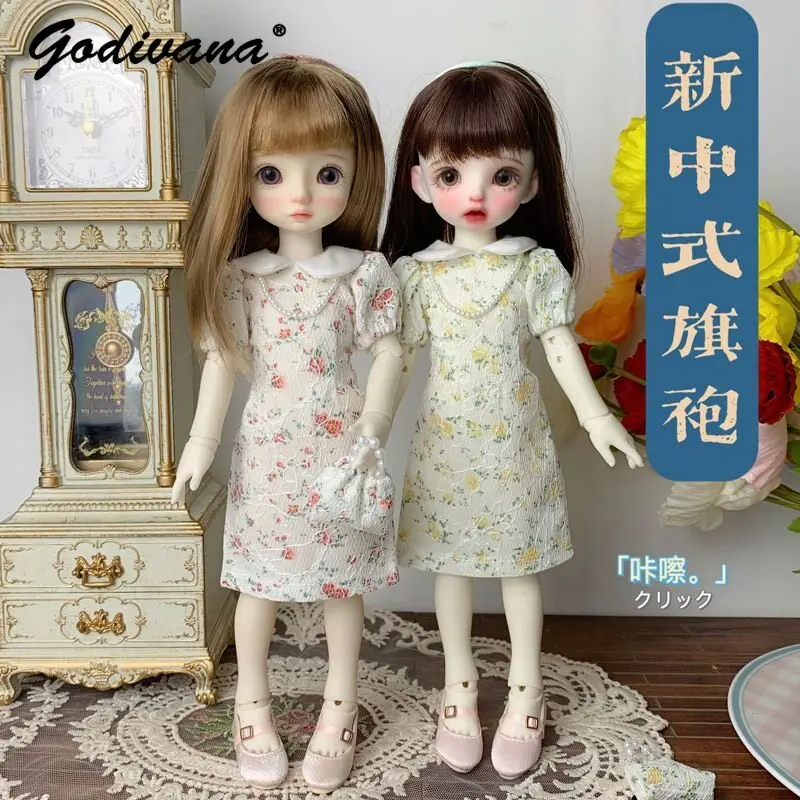 1/6 BJD Doll Floral Dress Set Chinese Style Vintage Qipao Peter Pan Collar Puff Sleeve Mini Dress Sweet Casual Doll Clothes