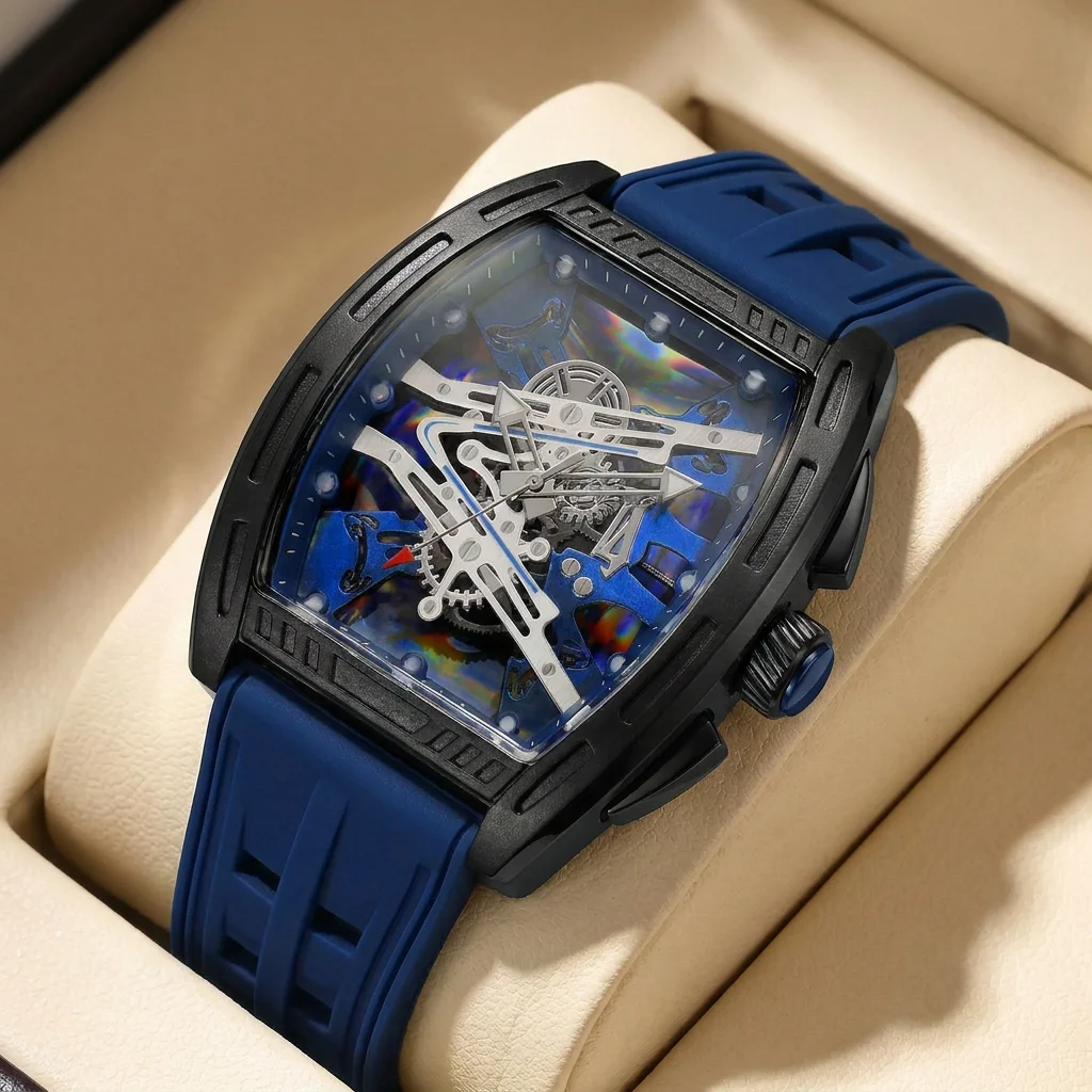 

1pcs Men's blue dial silicone strap vintage fashion tonneau sporty details Quartz Watch for business party holiday