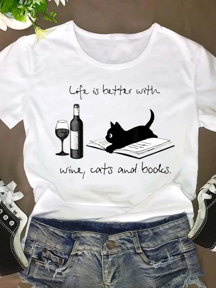 

Women Short Sleeve Fashion Clothing Clothes Graphic T Shirt Cartoon Wine Love Animal Pet 90s Summer Tee T-shirt Female Top