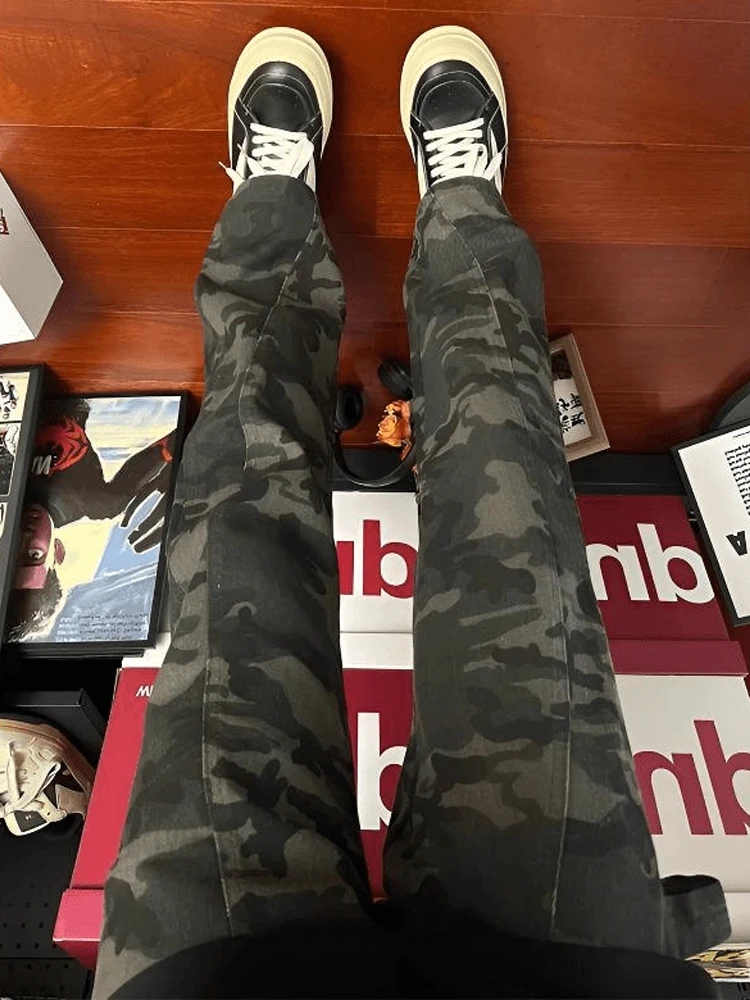 

American Retro Camouflage Workwear Jeans Men's Spring Autumn Haome Vibe Slim Straight Micro Flared Pants Casual Cotton Pol...