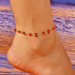 Summer Sweet Red Cherry Anklets for Women Fashion Cute Rice Beads Flowers Heart Chain Anklet Beach Barefoot Sandal Jewelry