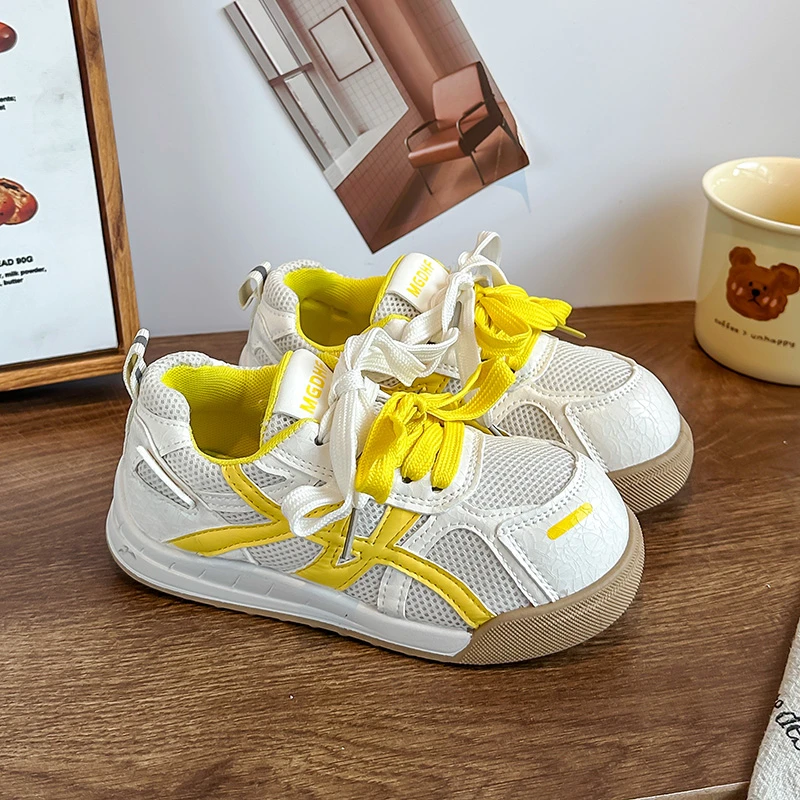 New Kids Sneakers Girls PU Leather Ergonomics Mesh Lace-Up Patchwork Round Toe Trainer Children Sports Shoes Casual Tennis Shoes