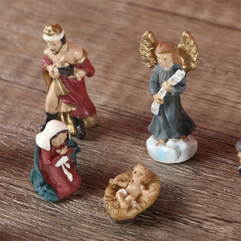 Christ Nativity Statue Scene Set Baby Jesus Manger Figurines Resin Crafts Miniatures Religious Ornament Church Gift