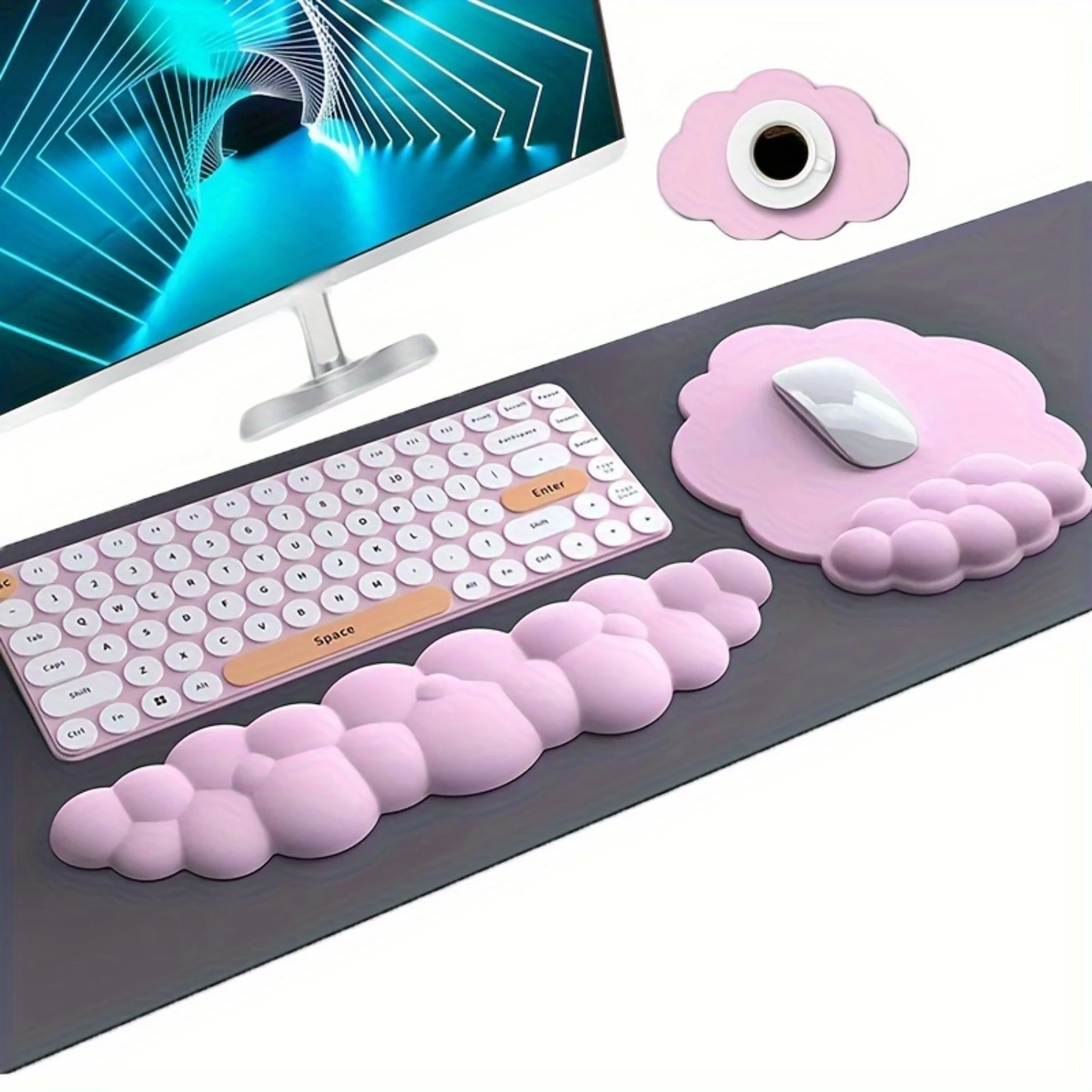 Tappetini per mouse e tastiera a forma di nuvola in 3 pezzi con set di supporto per il polso - Accessori da scrivania ergonomici in pelle PU con resistente all'acqua