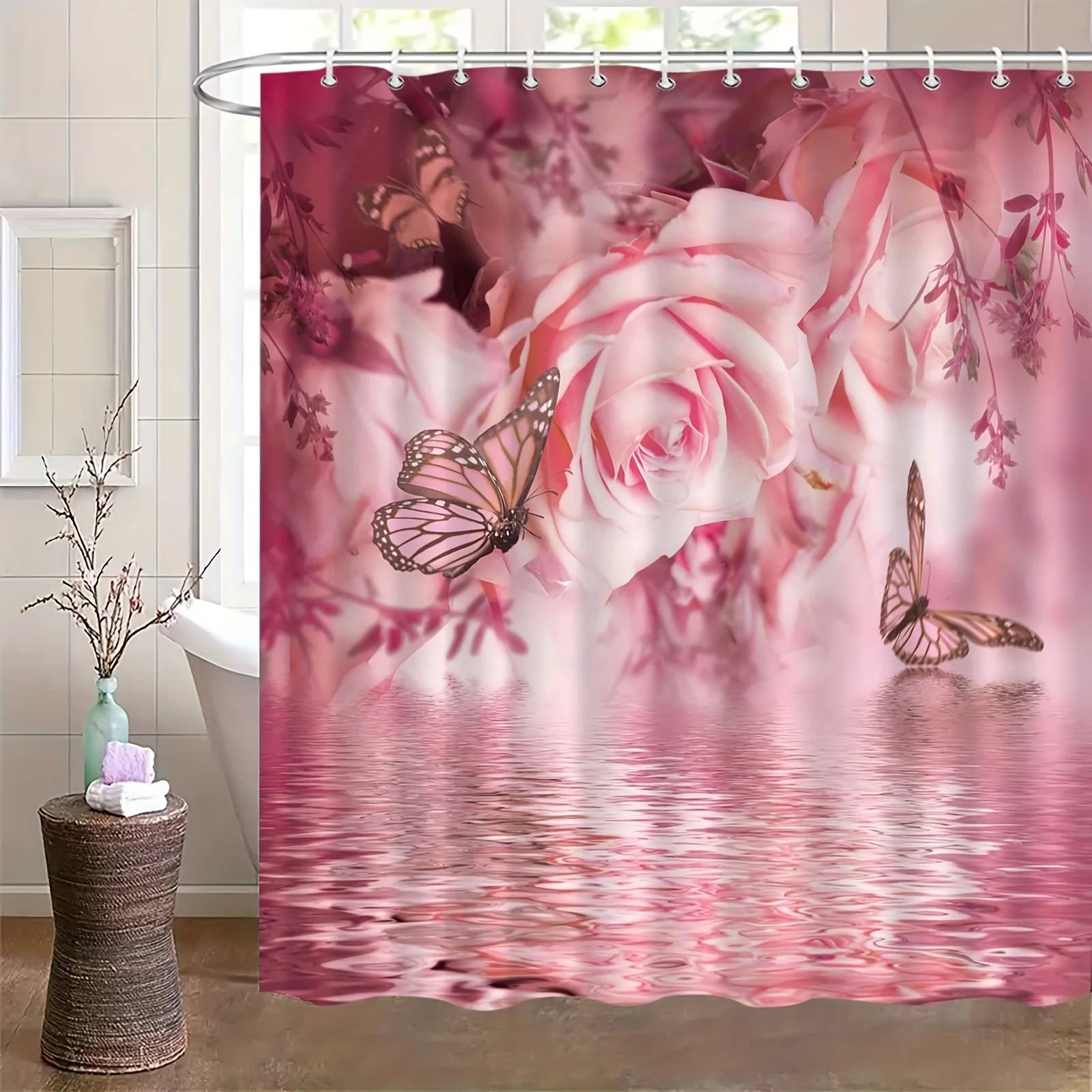 JIT1pcs Beautiful Pink Butterfly Love Flower Water Reflection Shower Curtain, High End Elegant and Fog Proof Bathroom Curtain, M