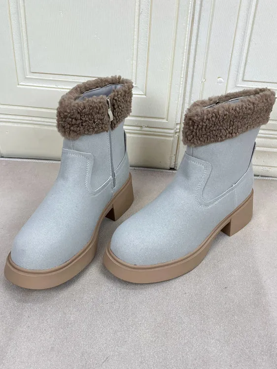 

Модные женские ботильоны с круглым носком на толстом каблуке, с меховой отделкой, на молнии сбоку, зимние, теплые, на резиновой подошве, однотонные