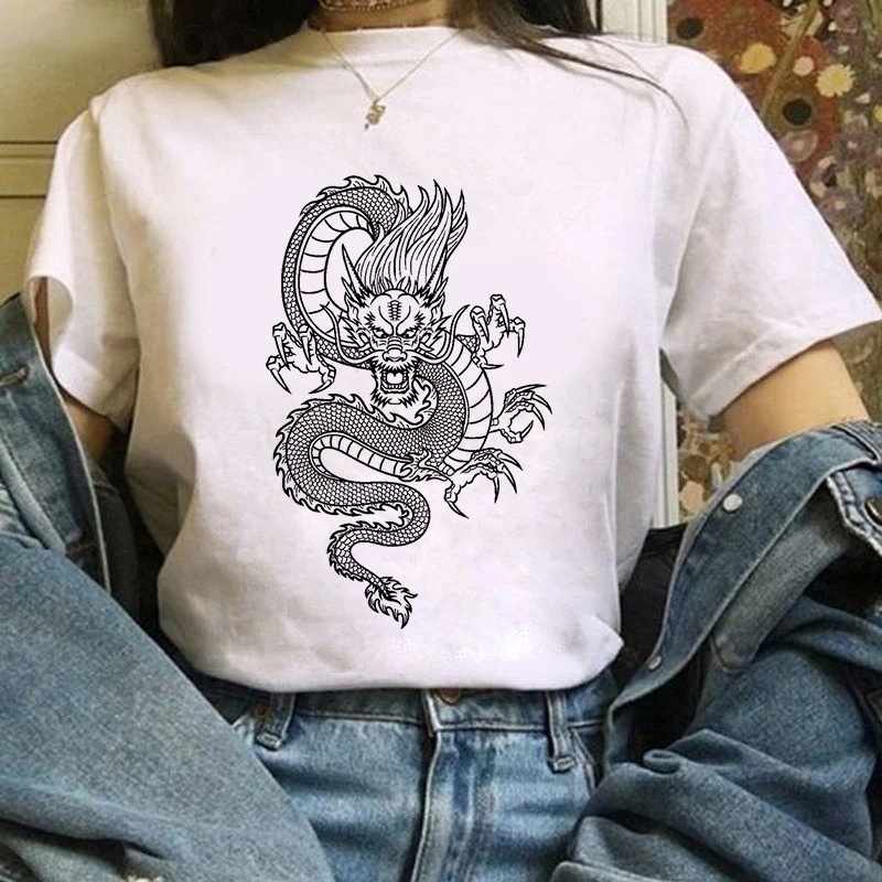 Dragon Pattern Printed Woman Tshirts Harajuku Kpop Ropa Mujer Aesthetic Vintage T-shirts Oversized Y2k Tops Graphic T Shirts