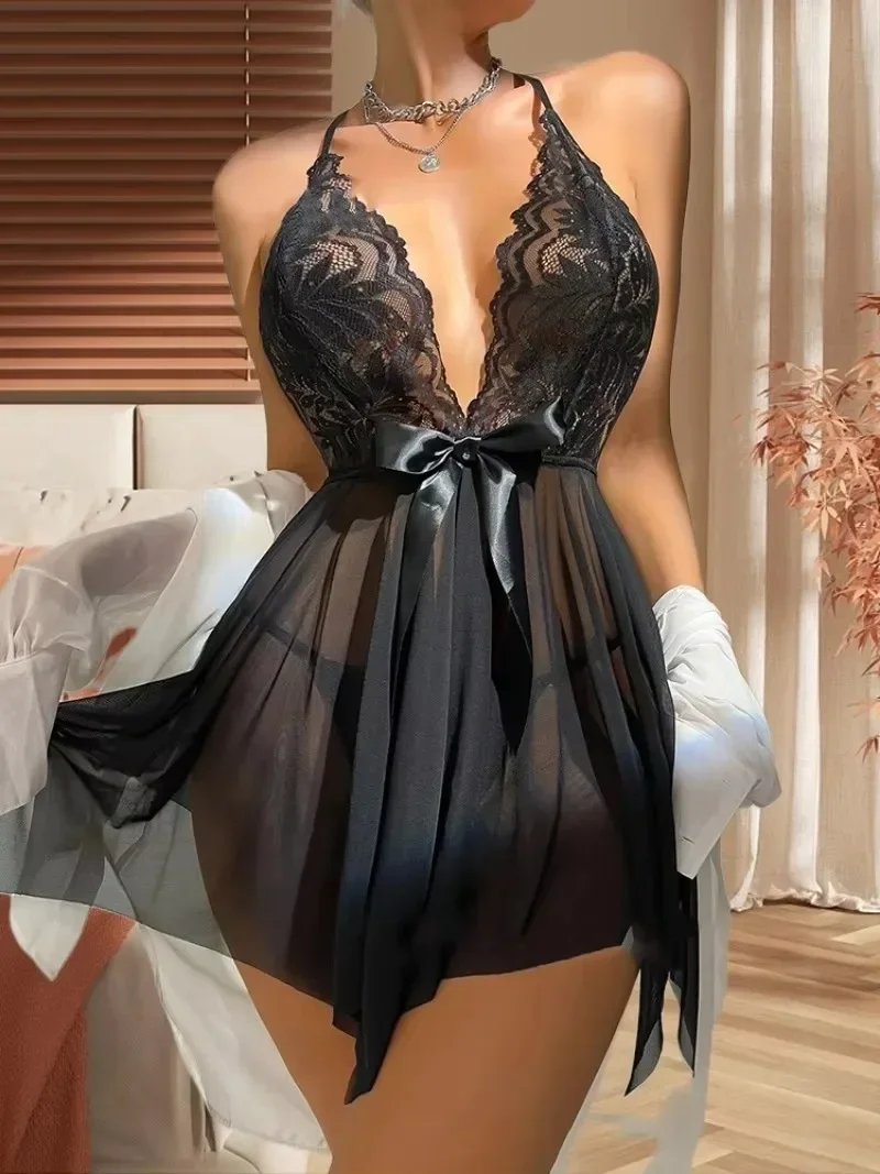 

Сексуальная одежда для сна, ажурное боди, кружевной бюстгальтер на бретельках, прозрачный бант, комплект сексуального нижнего белья, боди, нижнее белье, пижамы для женщин, майка