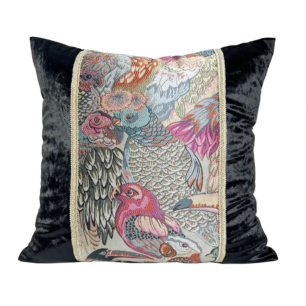 Vintage Applique Birds Parrots Black Ice Velvet Decorative Pillow Case Soft Knit Home Sofa 45x45cm 1 Piece Pack