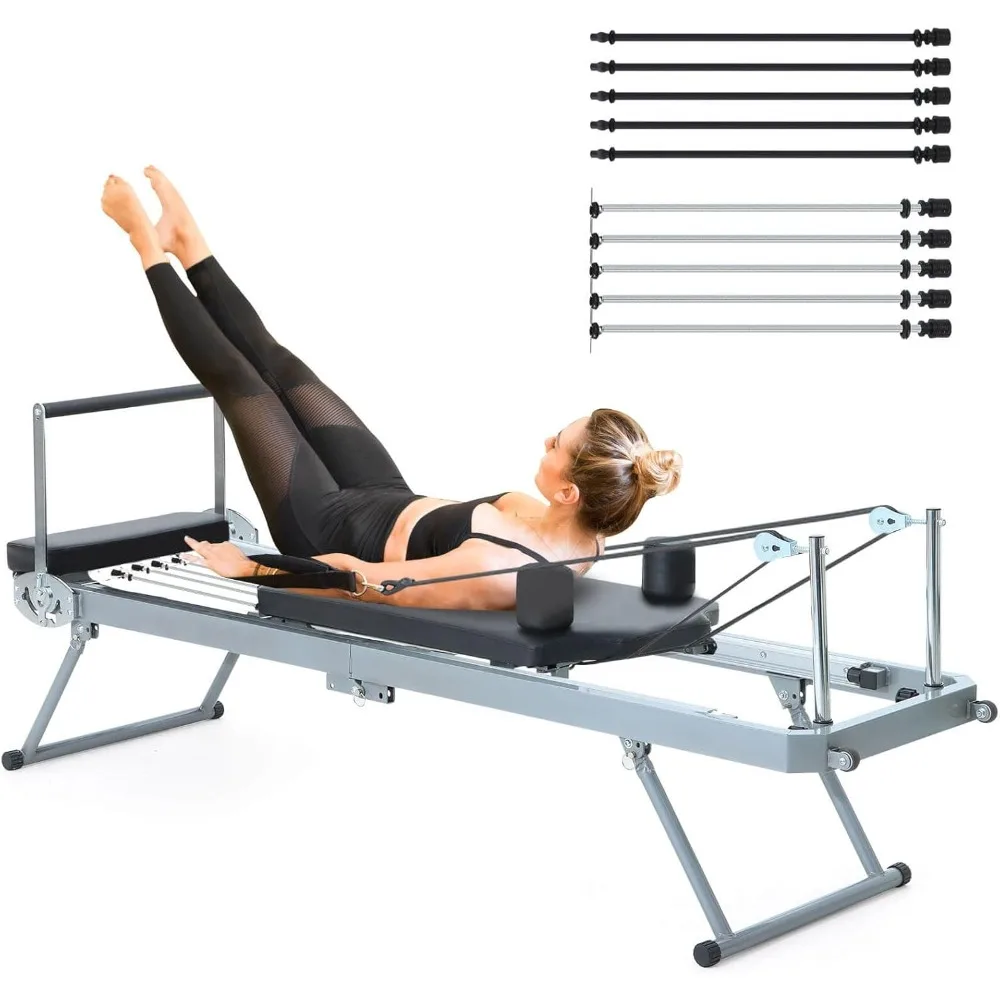 Pilates Reformer，Foldable Pilates Reformer Machine for Home Workout, Pilates Equipment with Springs and Replaceable Bungee Cords