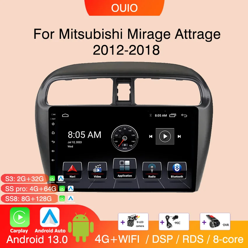 

8GB+128GB Carplay Radio For Mitsubishi Mirage Attrage 2012-2018 Car stereo Multimedia Player Android Auto GPS navigation 2DIN