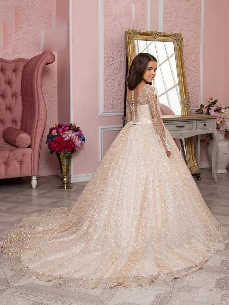 Luxurious BlingBling Flower Girl Dresses Princess Ball Gown Long Sleeves Sheer Neck First Communion Prom Costumes Fashion 2023