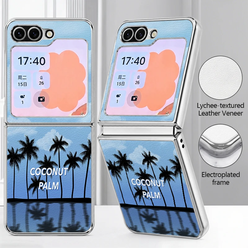 Coconut Palm Pattern Lychee Texture Phone Case For Samsung Galaxy Z Flip7 FE Flip6 Flip5 Flip 7 6 5 Plating PC Frame Hard Cover