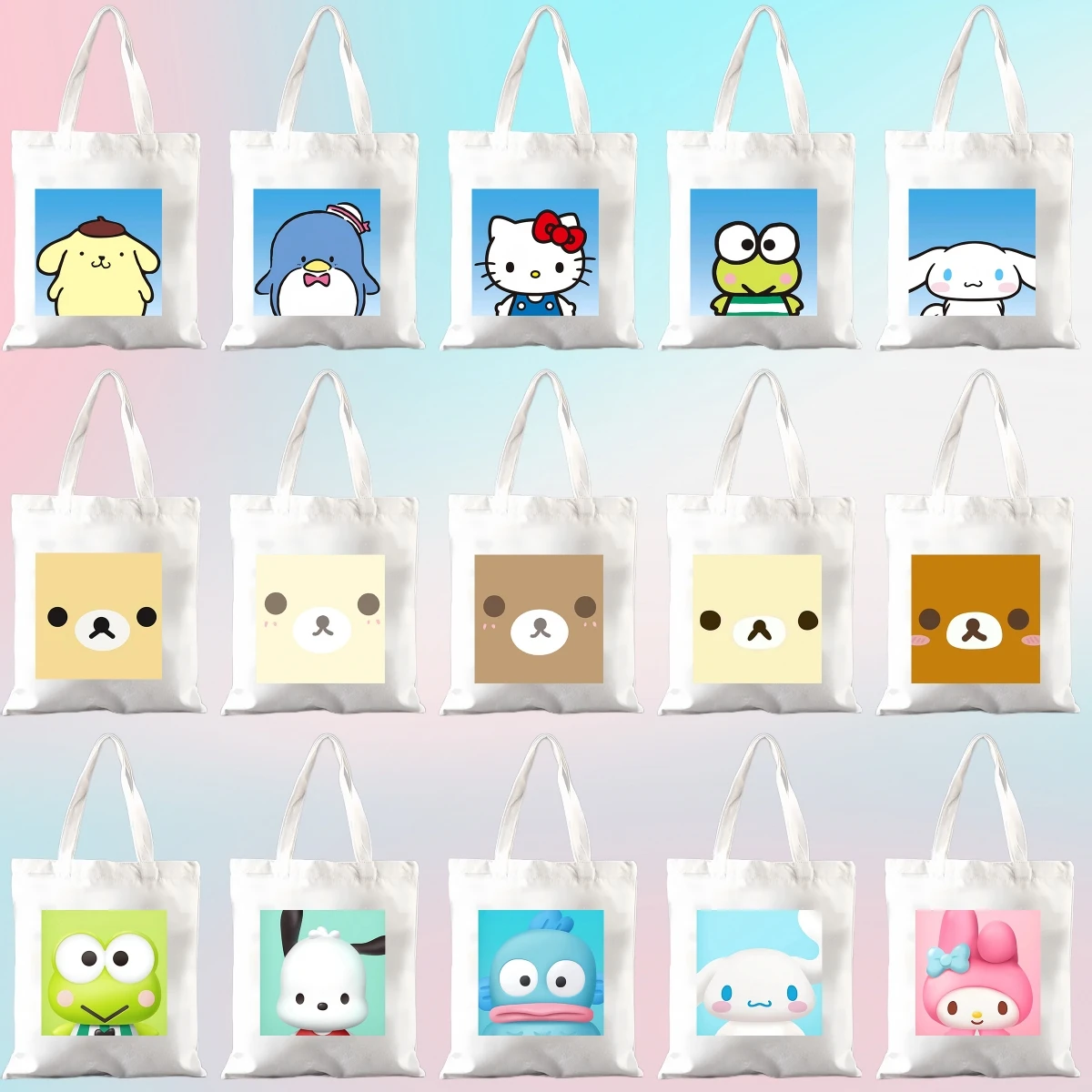 Сумка-тоут-с-героями-мультфильмов-аниме-hangyodon-pochacco-kawaii-cinnamoroll-rilakkuma-kuromi-my-melody-холщовая-сумка-на-плечо-сумка-для-покупок