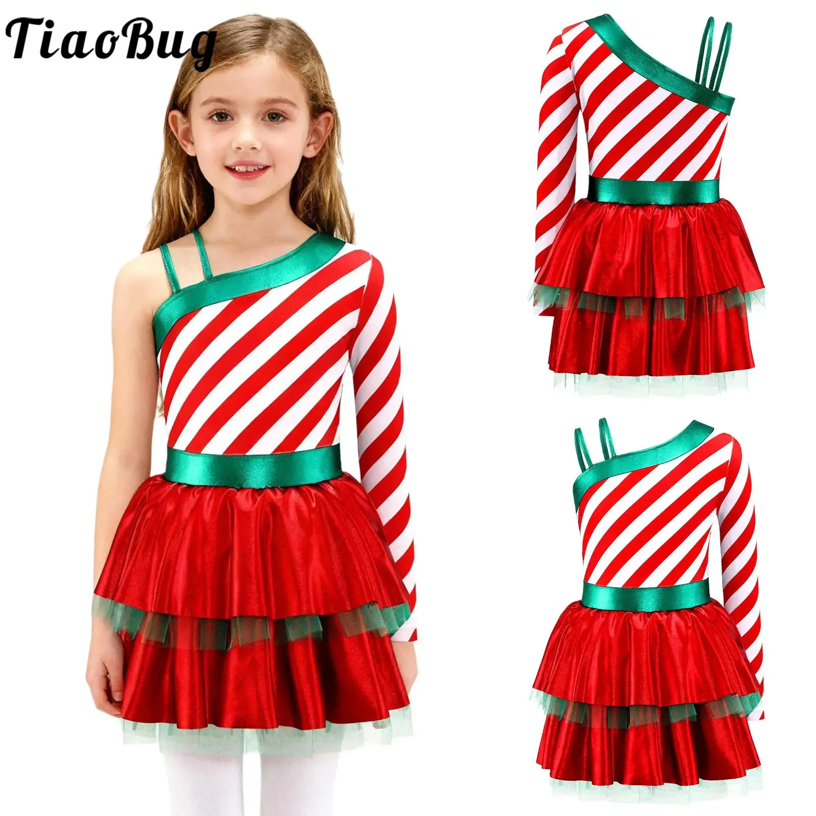 

Christmas Girls Candy Cane Striped Dress Figures Skating One Shoulder Layered Ruffled Tutu Dress Cosplay Xmas Party Dance Dress