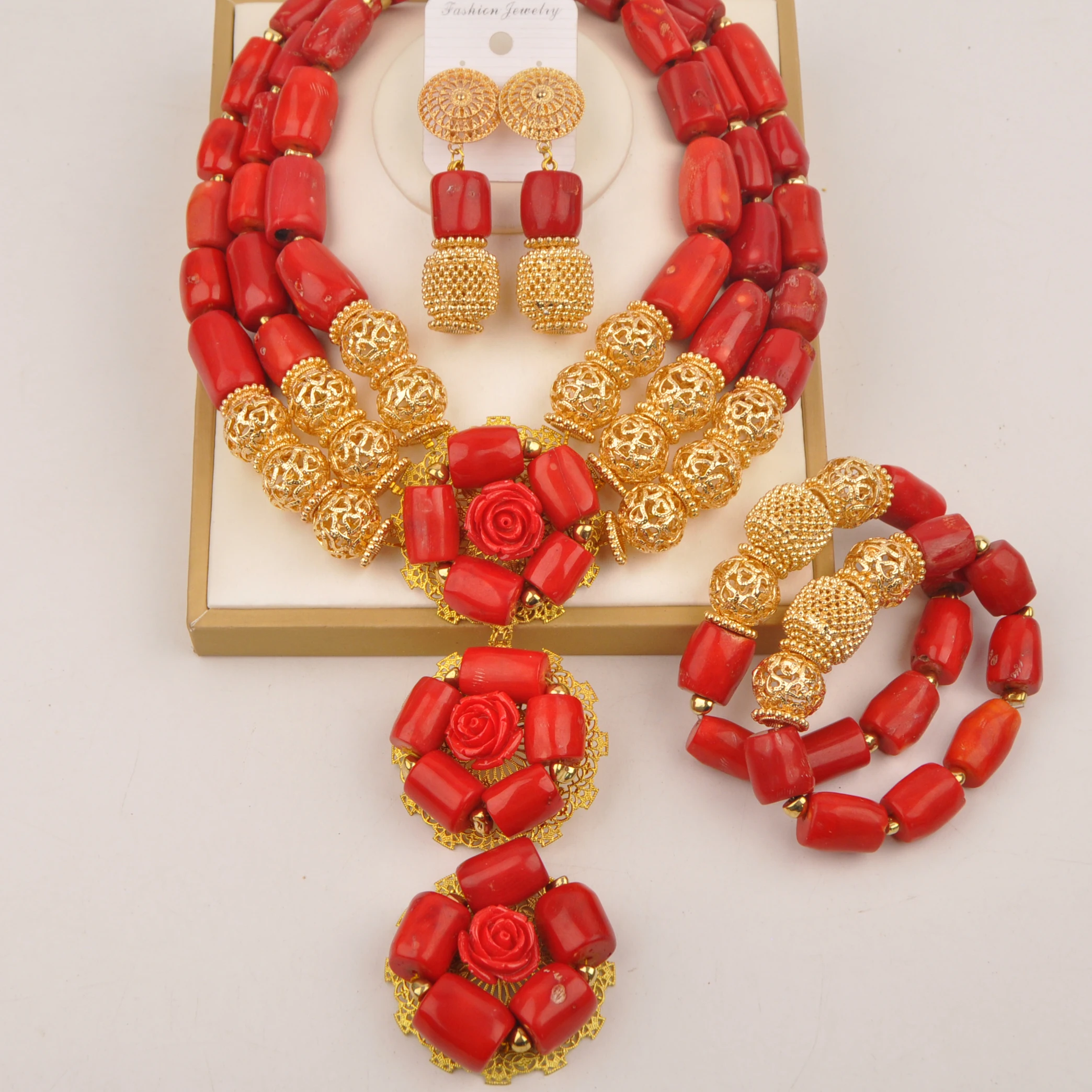 Red African Wedding Coral Beaded Fine Jewelry Set For Women High Quality New