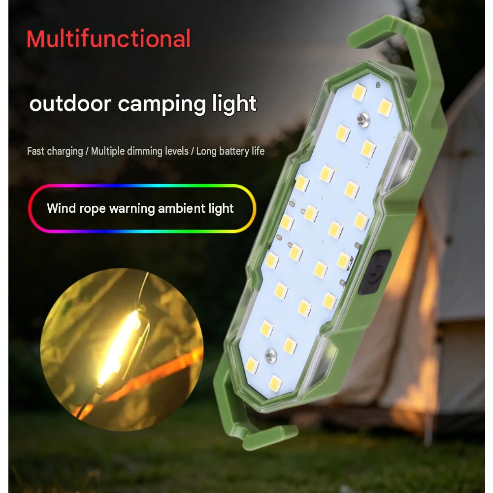 Multifunctional Camping Light with Magnetic Back and Dual Hooks 800mAh Battery USB C Charging 3 Lighting Modes Green