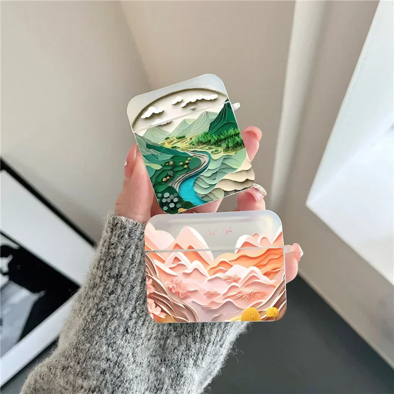 Luxury 2D Pattern Landscape Art Clear Earphone Case for Airpods 1 2 3 Pro Soft Square Wireless Headphone Cover for Air Pod 3 Bag