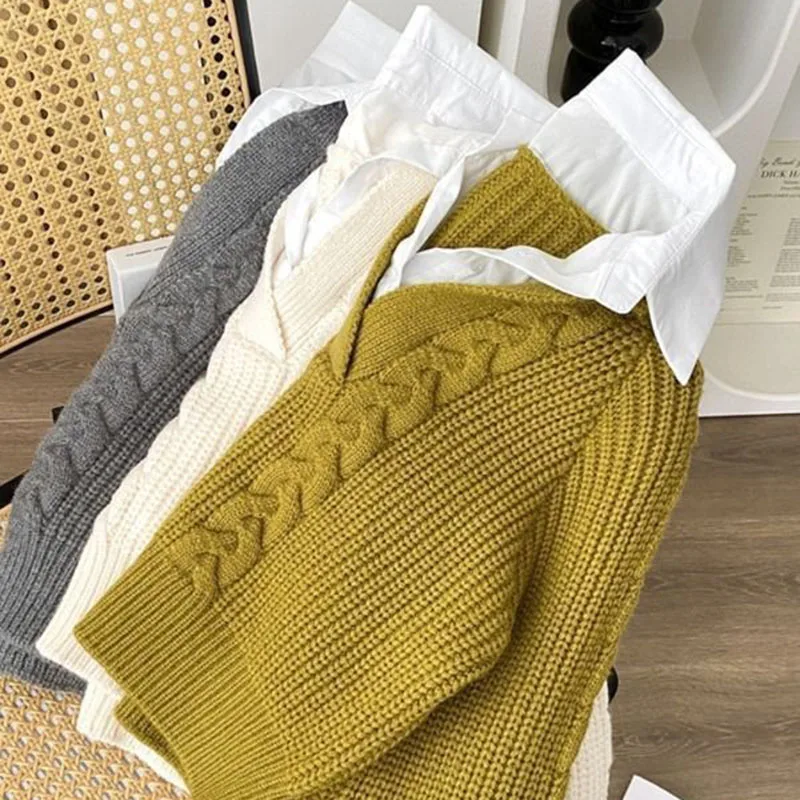 Lucyever japonês preguiçoso falso dois suéteres para mulher outono inverno design retro malha jumper moda solta turndown colarinho malhas