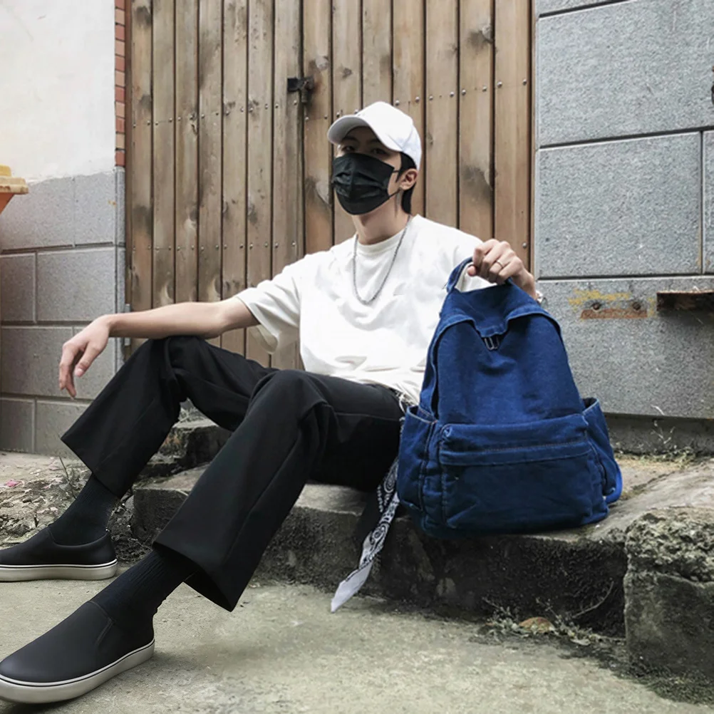 1pc Canvas Rucksack For School School Backpack Work Denim Satchel Travel Shopping Backpack Retro Stylish Dark Blue