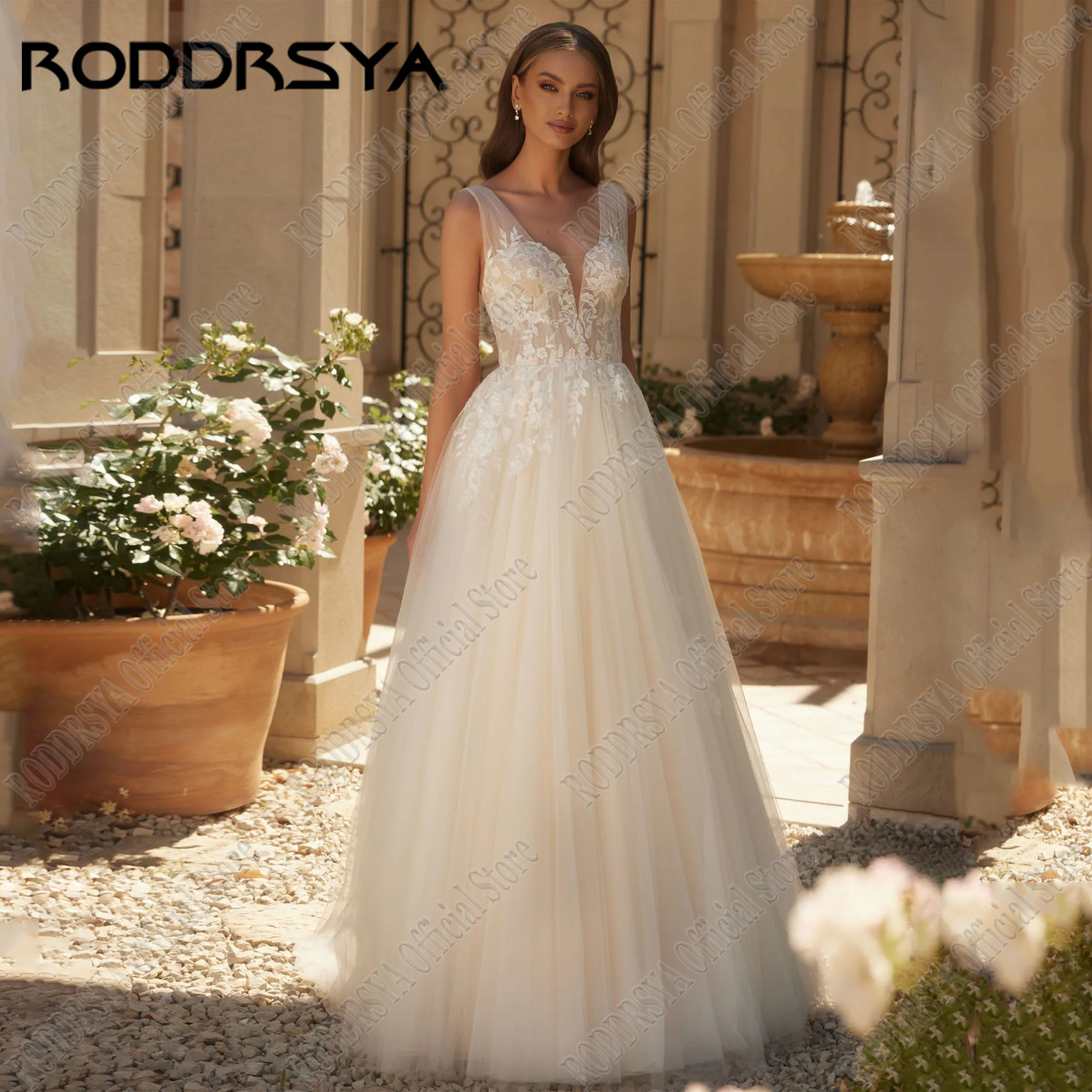 

RODDRSYA Tulle Wedding Dress V Neck Sleeveless A-line Lace Appliques Bride Gowns Customized Boho Bride Dress vestidos de novia