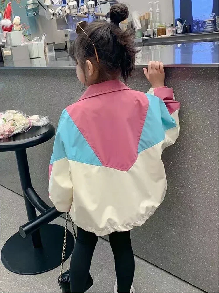 Colorblocking Trench Coats Girls Thin Fashion Jackets Spring Autumn Children Clothes Big New Casual Zipper Outerwear 2-10 Years