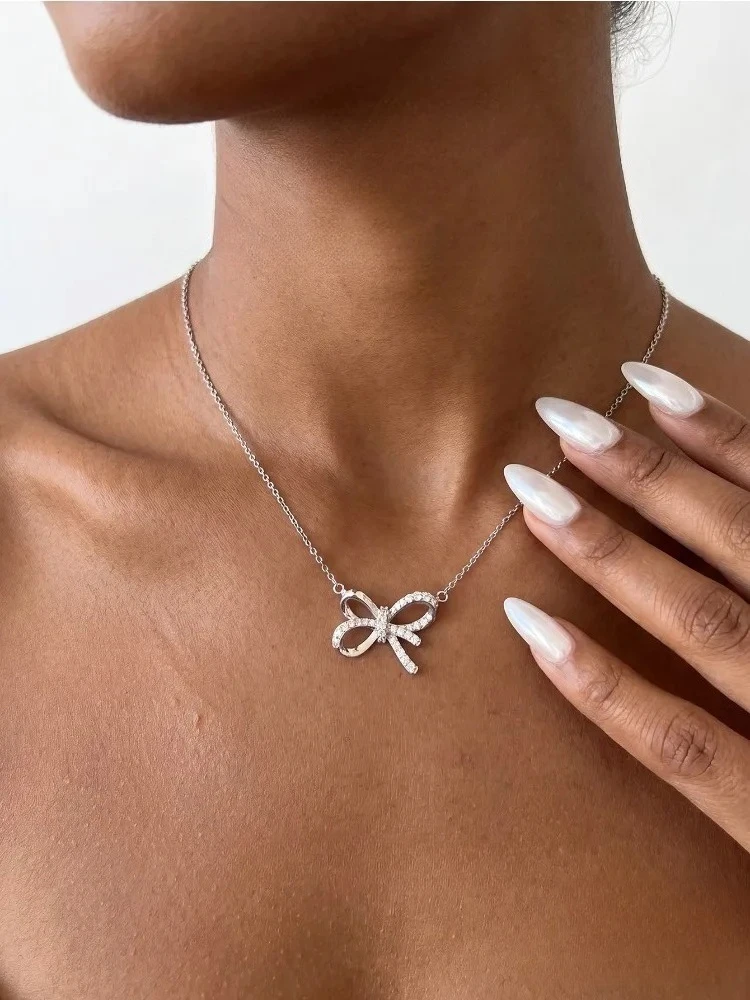 Women's Moissanite Diamond Bowknot Necklace, Exquisite Gift