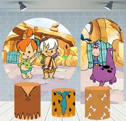 Round Arch Flintstone Backdrop Kids Birthday Baby Shower Photography Background Circle Cylinder Surface Banner Decoration Props