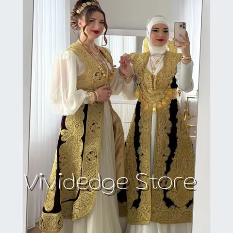 Elegant Albanian Evening White Long Sleeve Dress with Black Velvet Gold Appliqued Traditional Kosovo Prom Dresses Customized