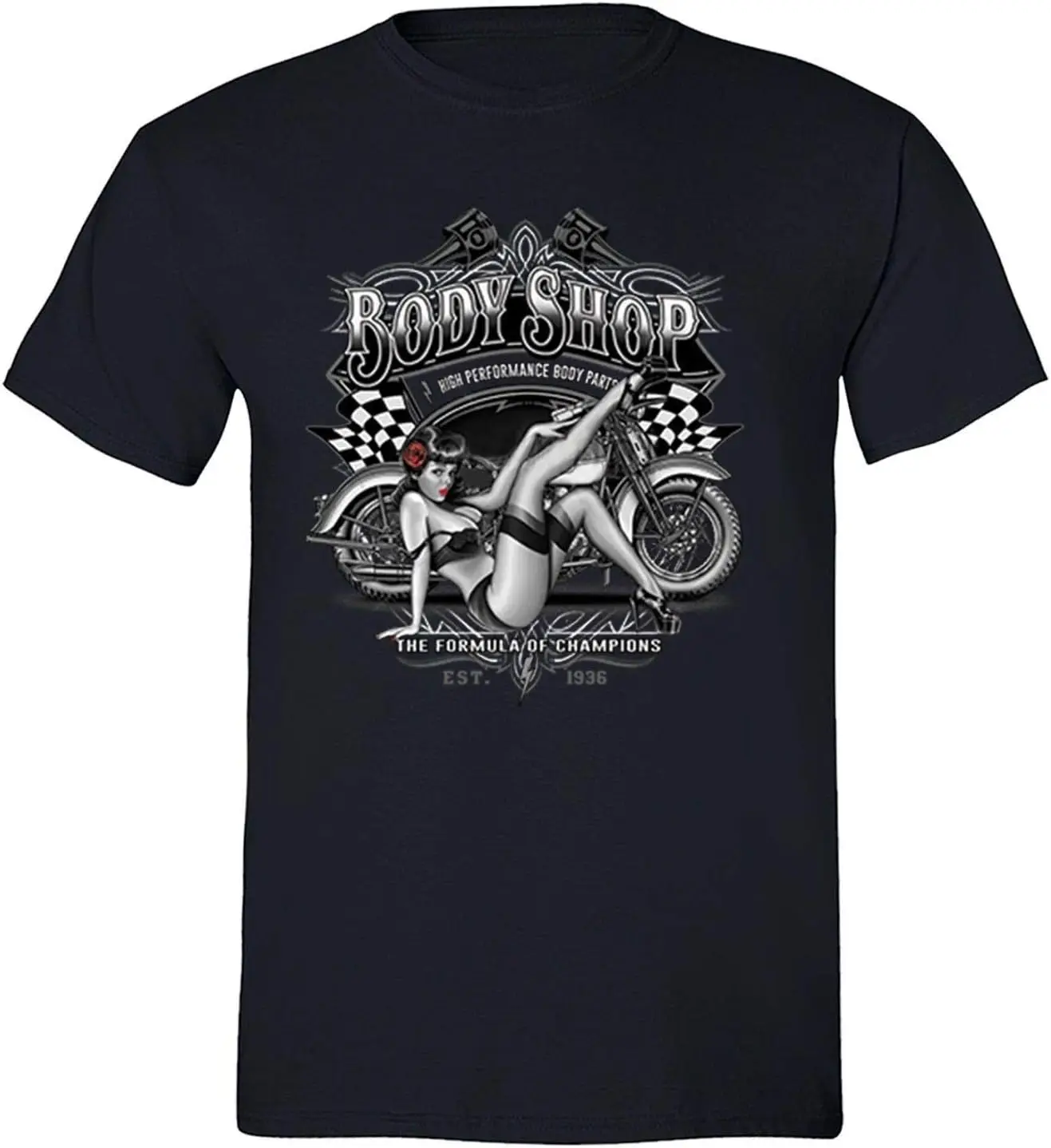 Men's Body Shop Girl Biker Motorcycle Crewneck Short Sleeve T-Shirt