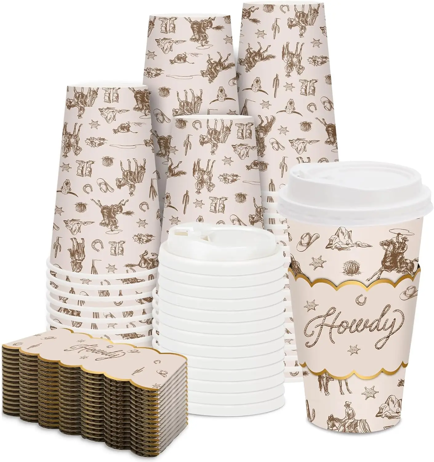 

50Pcs Western Cowboy Coffee Cups with Lids Sleeves 16oz Wild West Rodeo Paper Cups Howdy Disposable To Go Coffee Cup for