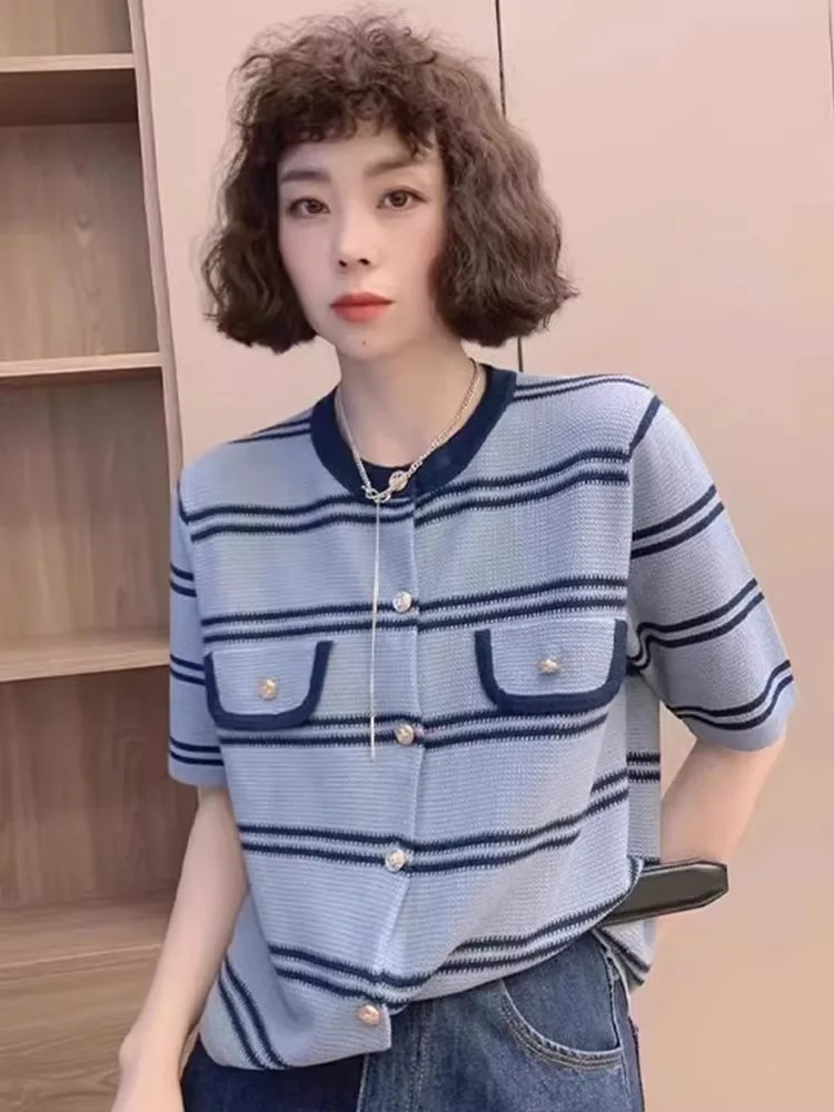 

Модный вязаный кардиган-топ в повседневном стиле с полосками и цветовыми блоками, круглый вырез, короткий рукав, новая модель женской одежды
