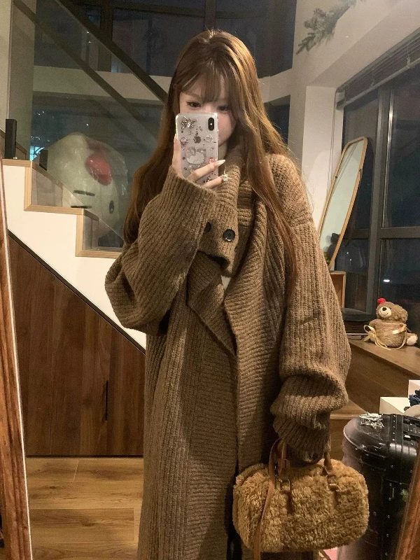 

Large Size Vintage Long Knitted Open Cardigan Women's Lazy Sle Loose Slimming Sweater Jaet Korean Version Comfortable Fit