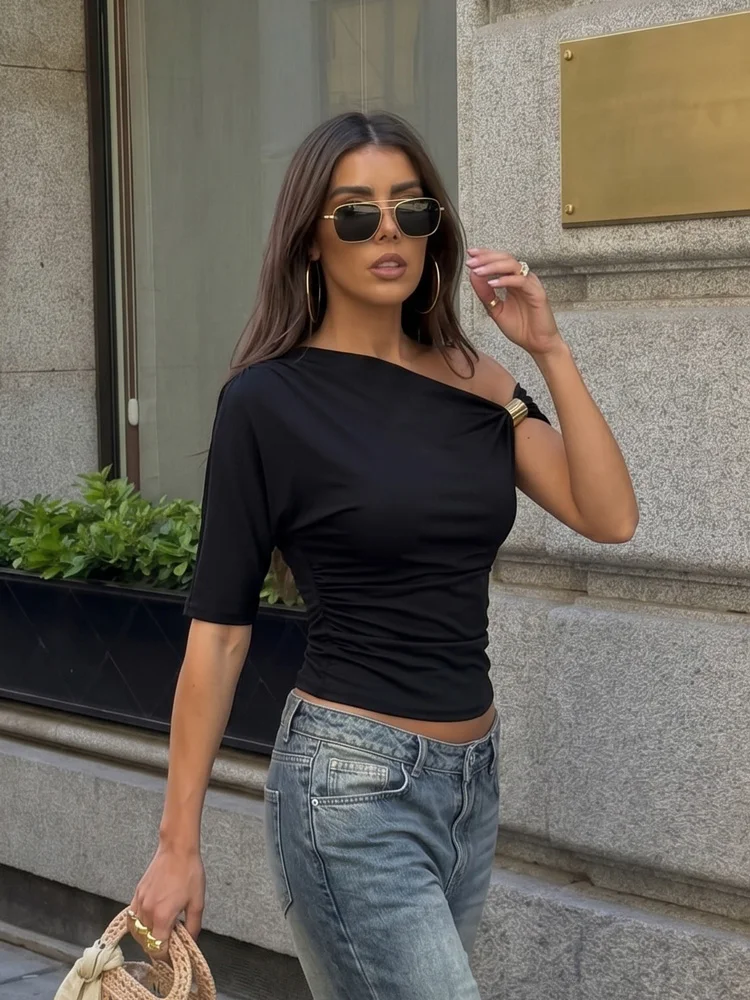 Blusa Vintage para Mujer HH, Elegante, con Hombros Descubiertos, Plisada, Asimétrica, de Manga Corta, Ajustada, para el Verano, Uso Diario, Salidas Nocturnas, Estilo Chic