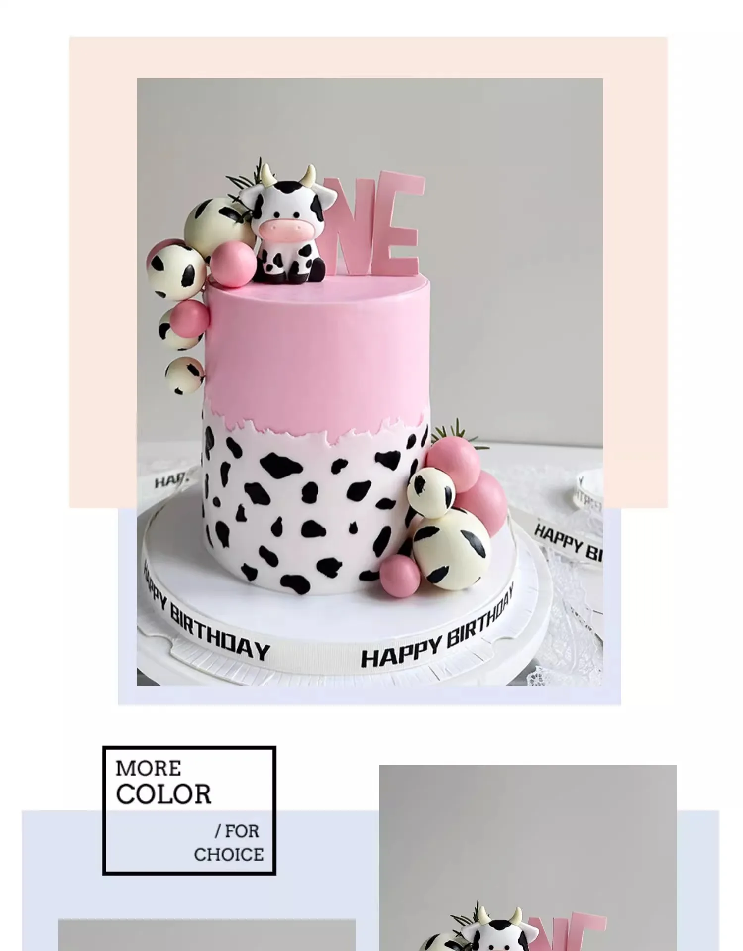 Niedlicher Tier-Kuh-Kuchenaufsatz für Kinder zum 1. Geburtstag, Kuchendekoration, rosa Kuh-Farbkugeln, für Jungen und Mädchen, Babyparty-Party-Dekorationen – Detail 1