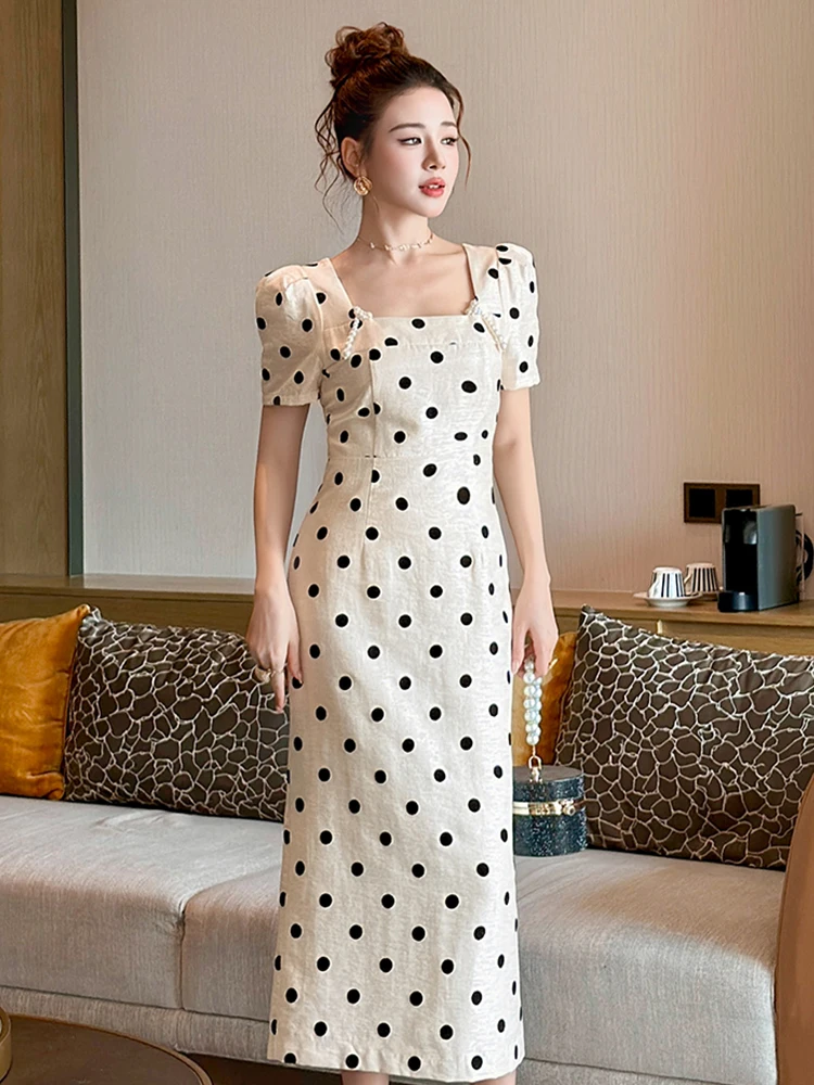 Nieuwe Zomer Vrouwen Retro Dot Parel Vierkante Hals Midi Kokerjurk Elegant Kantoor Formele Gelegenheid Gewaad Party Prom Slanke Dames Casual