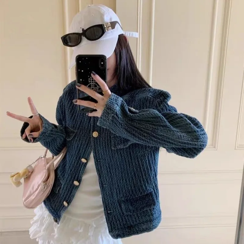 

2025 джинсовая куртка для женщин, новая осенняя короткая стильная куртка в стиле ретро с воротником-стойкой, синий топ, верхняя куртка