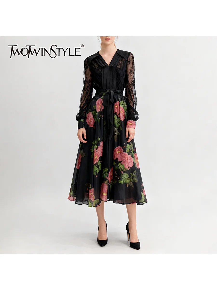 TWOTWINSTYLE Stampa Sheer Impiombato Lace Up Abiti eleganti per le donne Scollo a V Maniche lunghe Vita alta Abito casual Moda femminile