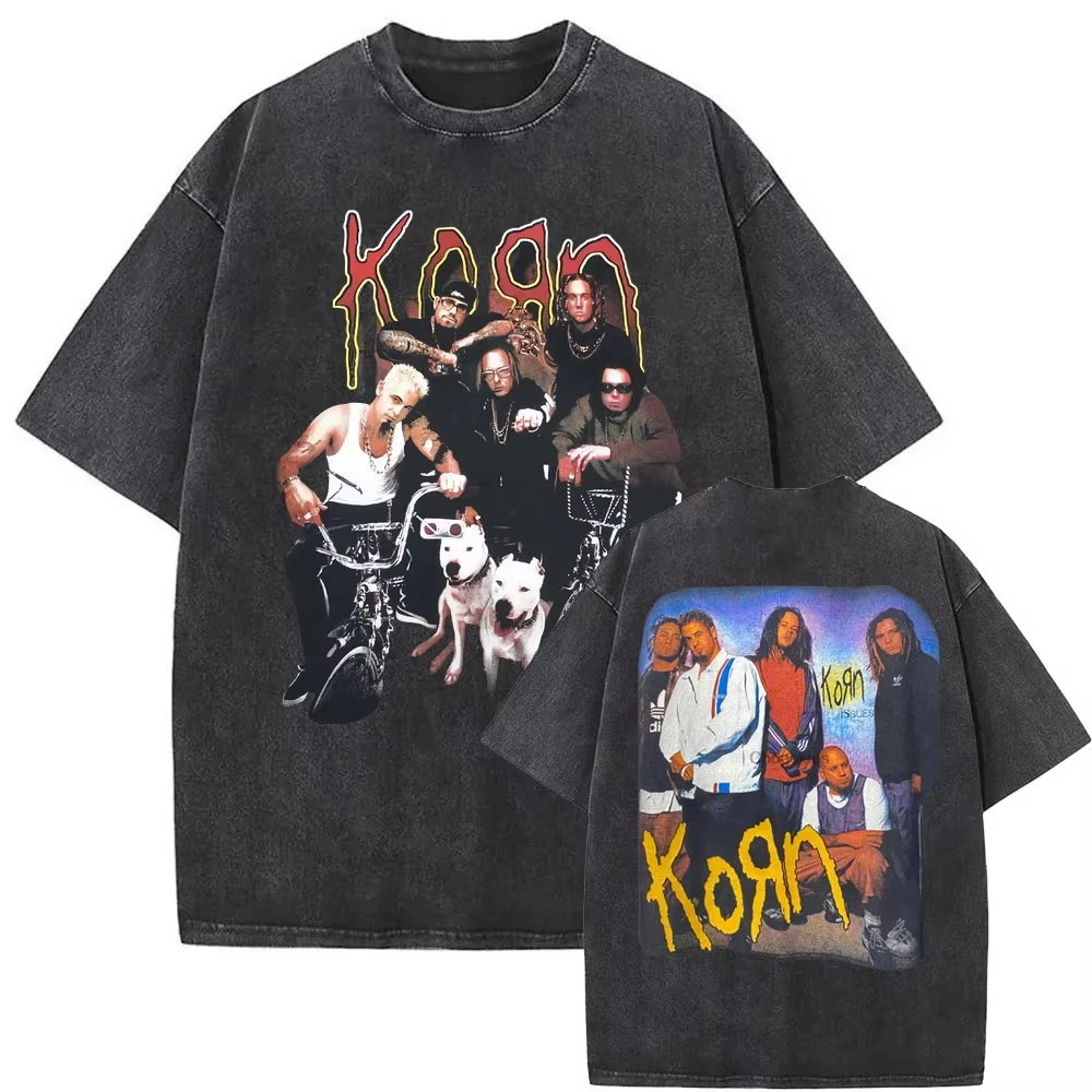 Vintage Washed Korn Follow The Leader T-Shirt, Rockband Gothic Oversized Casual Tees Unisex Streetwear Kurzarm-Oberteile – Detail 4