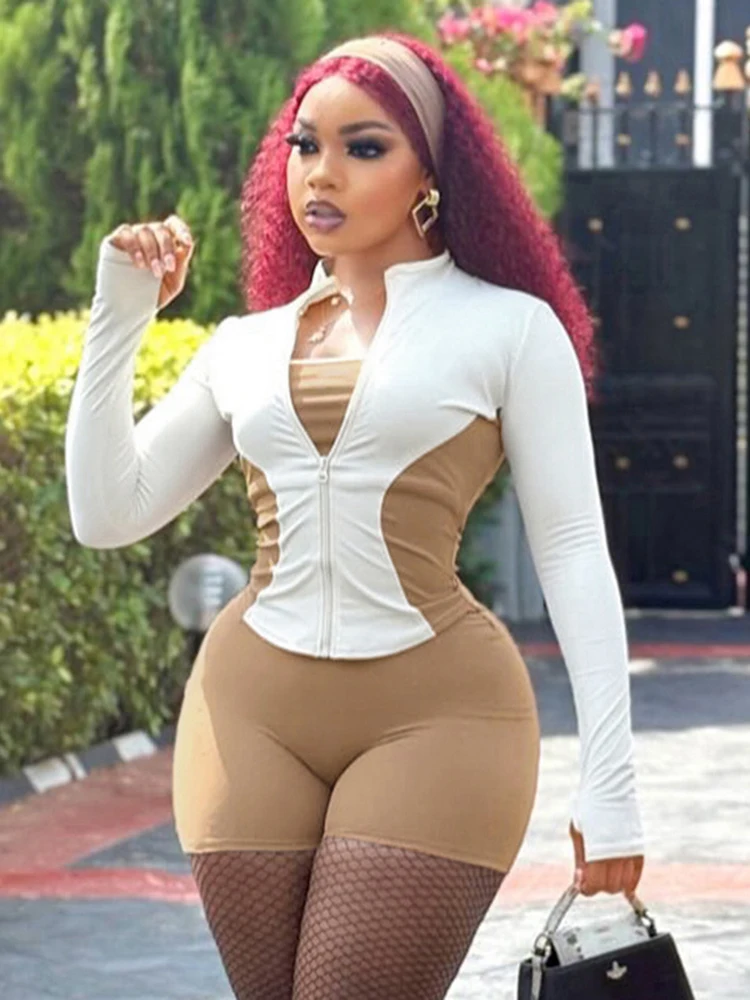 kliou Casual Panelled Women 2 Piece Set Fashion Daily Zip-up Full Sleeve Slim Tops+Solid Stretch Shorts Female Basic Tracksuits