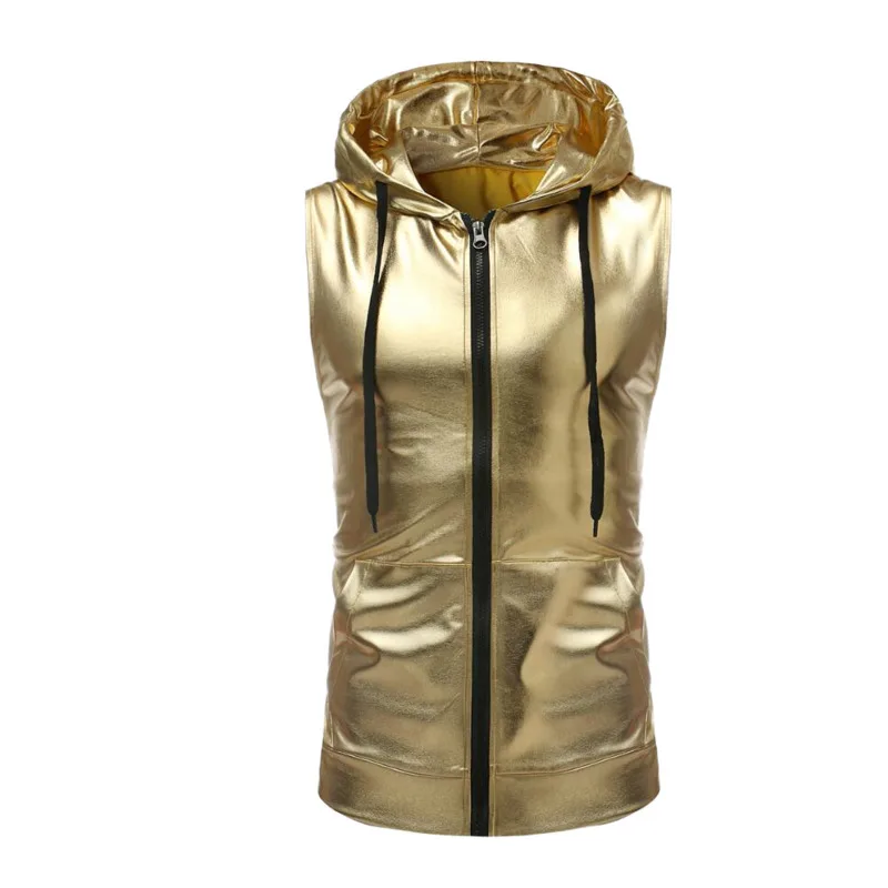 #4138 Gold Silver Black Tank Top Men Summer Plus Size Hooded Vest Zipper Streetwear Shinny Sleeveless Tshirt Man Dance Hip Hop