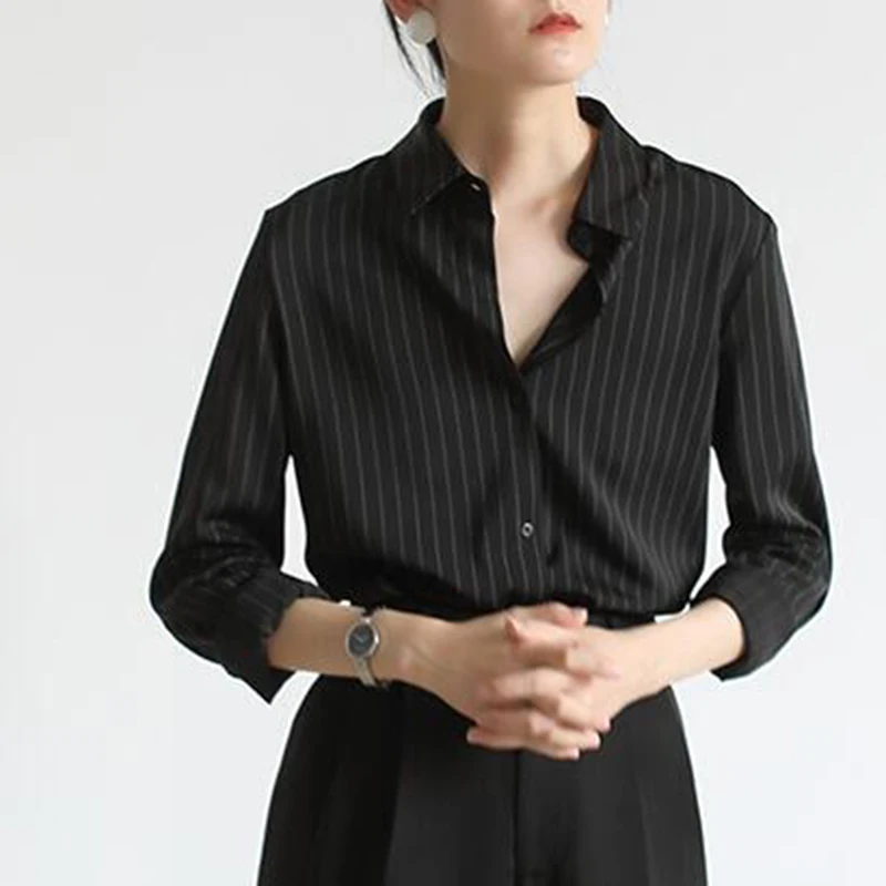 Y2K Cotton Women Striped Shirts Korean Office Black Female Casual Blouse Autumn New All Match Chic Long Sleeve Ladies Tops