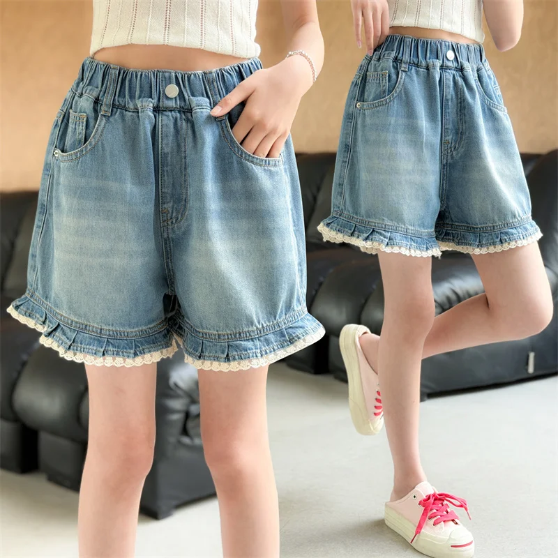 Teen Girls Lace Denim Shorts New Summer Sweet Clothes New Arrivals Children's High Waist Fashion Cute Shorts 5 7 9 11 12 13 14Y