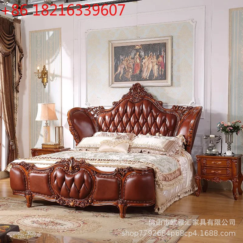 

Европейская двойная резьба по цельному дереву, цветок, кожаный мужской мастер, 1,8 метра, свадебная кровать, главная спальня, роскошная классическая кровать