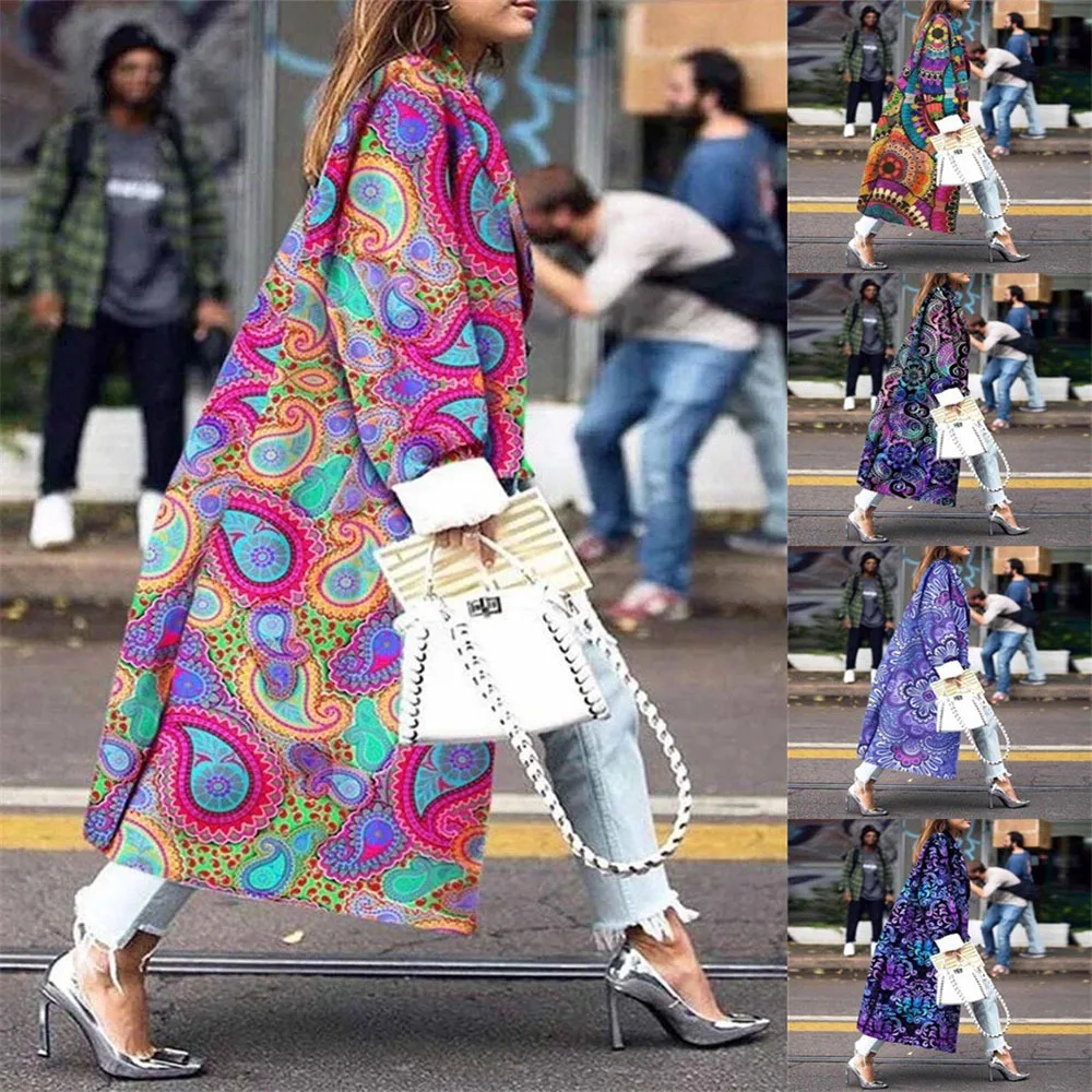

Long Sve round Ne Print Double Buttoned Coat Women's Long Coat Walnut Flower Sle Commute Straight Tube Thiened Autumn