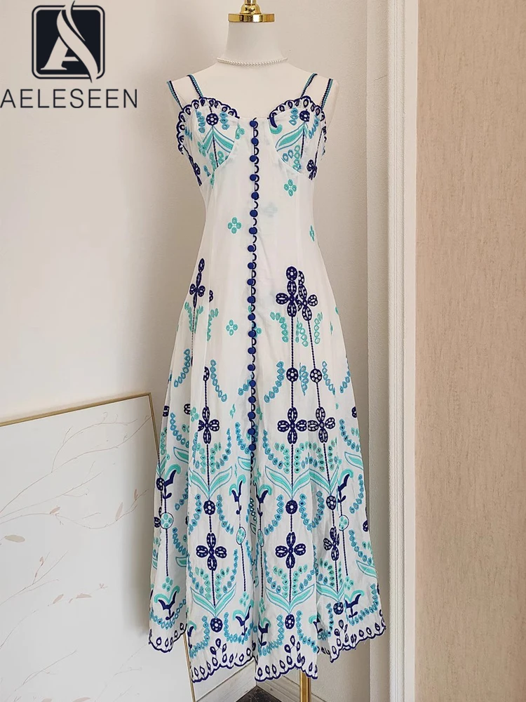 

AELESEEN Designer Fashion Summer Long Dress Women Spaghetti Strap V-Neck Flower Embroidery Hollow Out Elegant Ethnic Slim Party