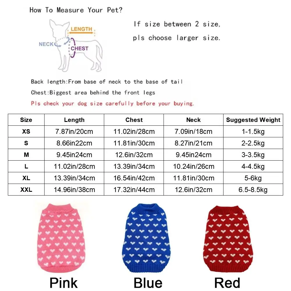 Acrylic Fiber Heart Pattern Pet Sweater Soft Warm Dog Heart Sweater Wear-resistant Breathable Turtleneck Pink Dog Sweaters