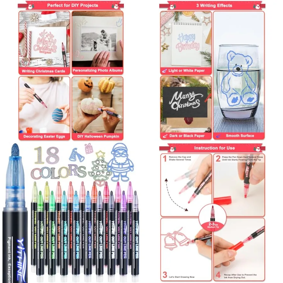 

Контурные мерцающие маркеры 18, блестящие металлические гелевые ручки для раскрашивания, идеально подходящие для художественных поделок и творческих проектов, идеальное Рождество