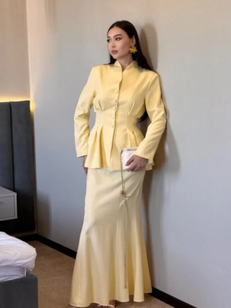 

Chic Single Breasted Women' s Skirt Suit V-neck Waist Cinching Full Sleeve Top High Waist Skirts Female Outfit Autumn Lady Sets