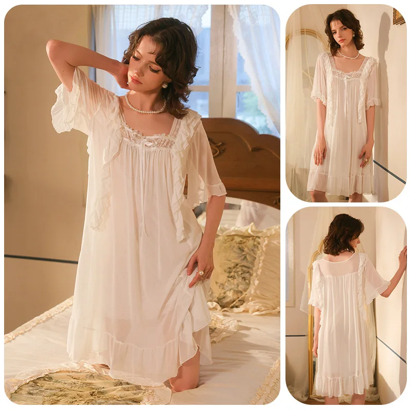 

Sweet and cute fairy style sexy mesh nightgown women's lace short-sleeved mid-length skirt summer home wear